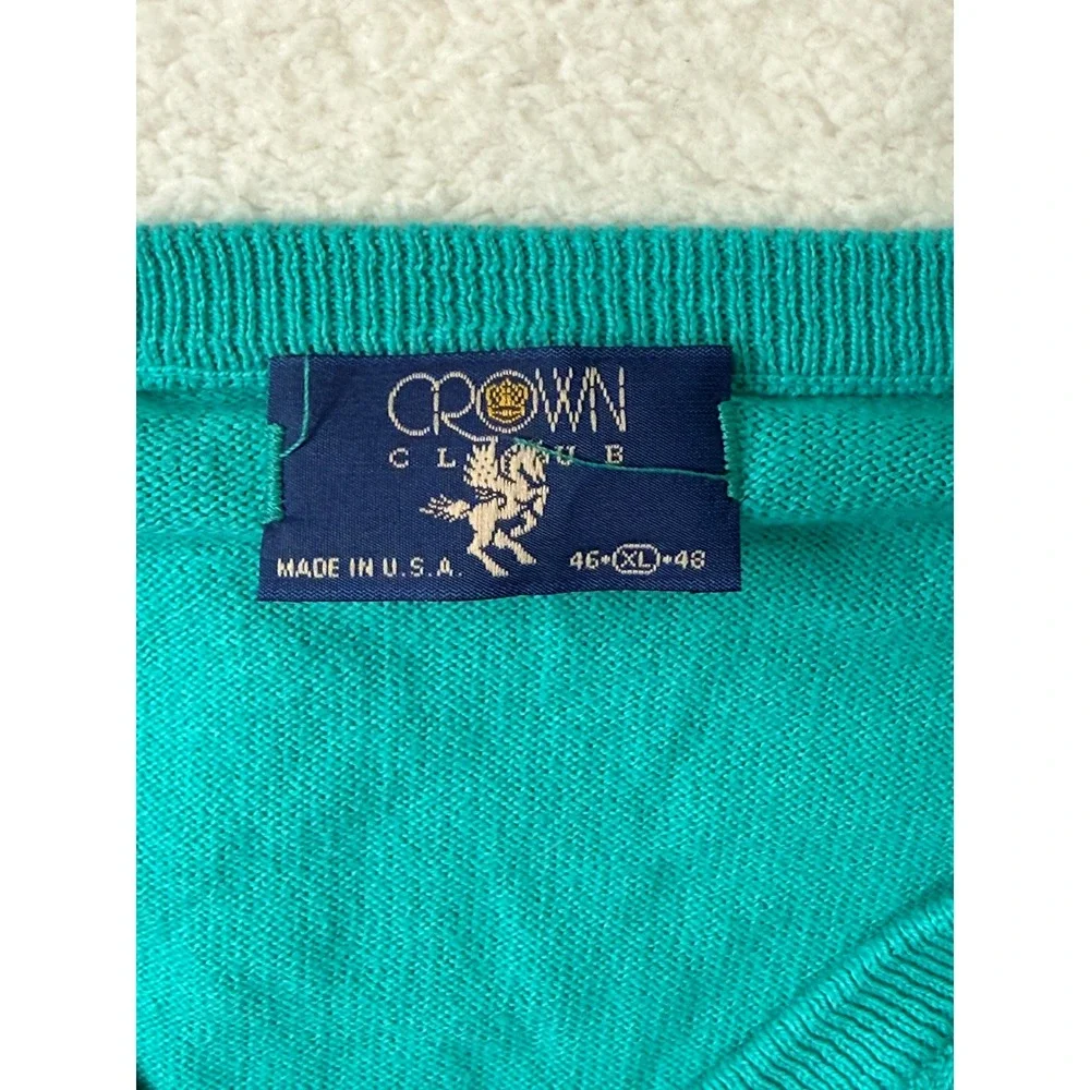 Vintage Crown Club Otter Society V-Neck Sweater Mens XL Teal Green Cotton‎ USA